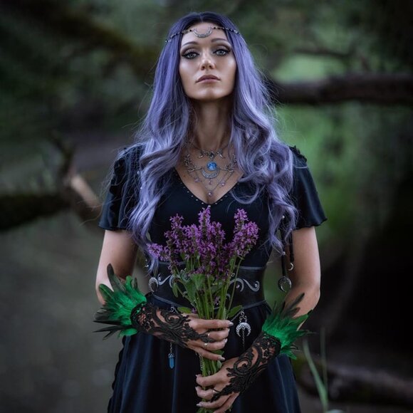 2 Pcs Gothic Black Lace Feather Long Gloves for Women Halloween Costume - Picture 2 of 4